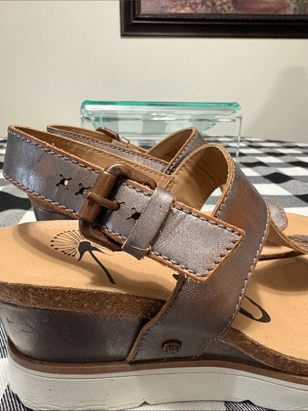 OTBT Boathouse Sandals Silver Brown Leather T-Strap Thong Platform Wedge 6.5